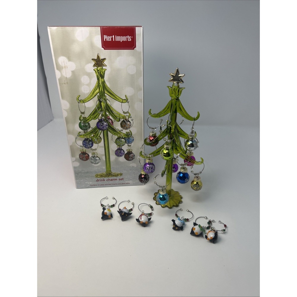 Pier 1 Imports Glass 9" Christmas Tree W/ 11 Ornaments Wine Charms & 6 Penguins
